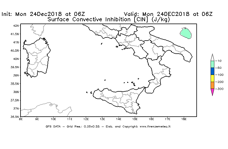 Mappa di analisi GFS - CIN [J/kg] in Sud-Italia
							del 24/12/2018 06 <!--googleoff: index-->UTC<!--googleon: index-->
