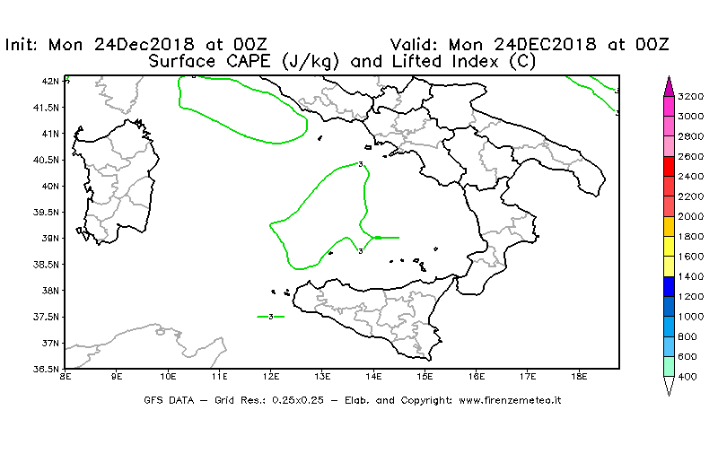 Mappa di analisi GFS - CAPE [J/kg] e Lifted Index [°C] in Sud-Italia
									del 24/12/2018 00 <!--googleoff: index-->UTC<!--googleon: index-->