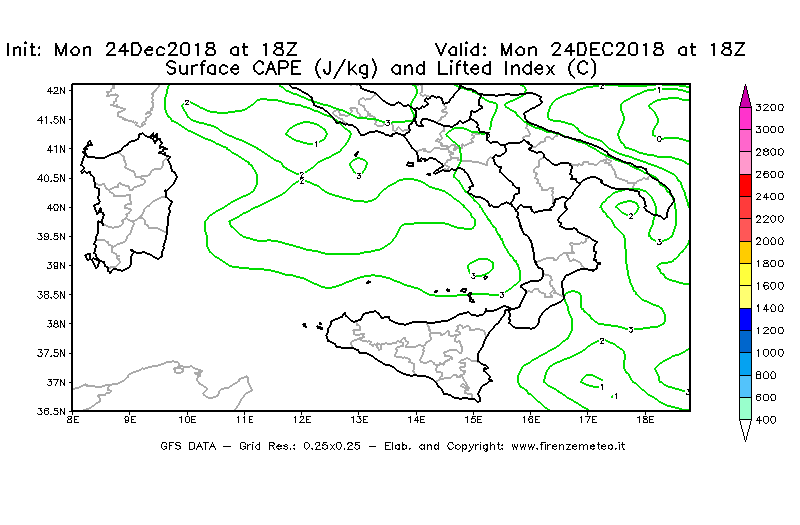 Mappa di analisi GFS - CAPE [J/kg] e Lifted Index [°C] in Sud-Italia
									del 24/12/2018 18 <!--googleoff: index-->UTC<!--googleon: index-->