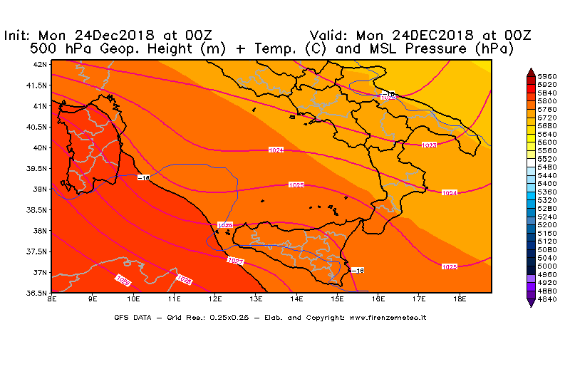 Mappa di analisi GFS - Geopotenziale [m] + Temp. [°C] a 500 hPa + Press. a livello del mare [hPa] in Sud-Italia
							del 24/12/2018 00 <!--googleoff: index-->UTC<!--googleon: index-->