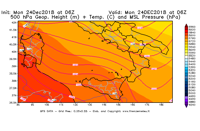 Mappa di analisi GFS - Geopotenziale [m] + Temp. [°C] a 500 hPa + Press. a livello del mare [hPa] in Sud-Italia
									del 24/12/2018 06 <!--googleoff: index-->UTC<!--googleon: index-->