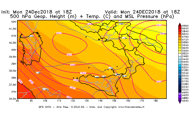Mappa di analisi GFS - Geopotenziale [m] + Temp. [°C] a 500 hPa + Press. a livello del mare [hPa] in Sud-Italia
									del 24/12/2018 18 <!--googleoff: index-->UTC<!--googleon: index-->
