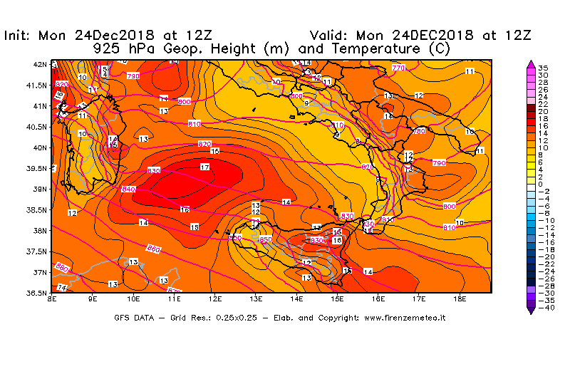 Mappa di analisi GFS - Geopotenziale [m] e Temperatura [°C] a 925 hPa in Sud-Italia
									del 24/12/2018 12 <!--googleoff: index-->UTC<!--googleon: index-->