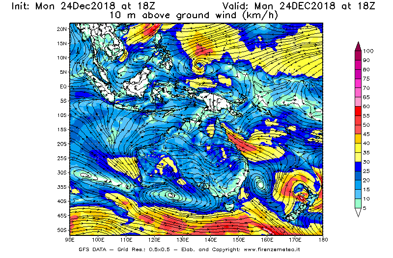Mappa di analisi GFS - Velocità del vento a 10 metri dal suolo [km/h] in Oceania
							del 24/12/2018 18 <!--googleoff: index-->UTC<!--googleon: index-->