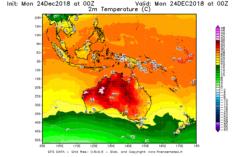 Mappa di analisi GFS - Temperatura a 2 metri dal suolo [°C] in Oceania
							del 24/12/2018 00 <!--googleoff: index-->UTC<!--googleon: index-->