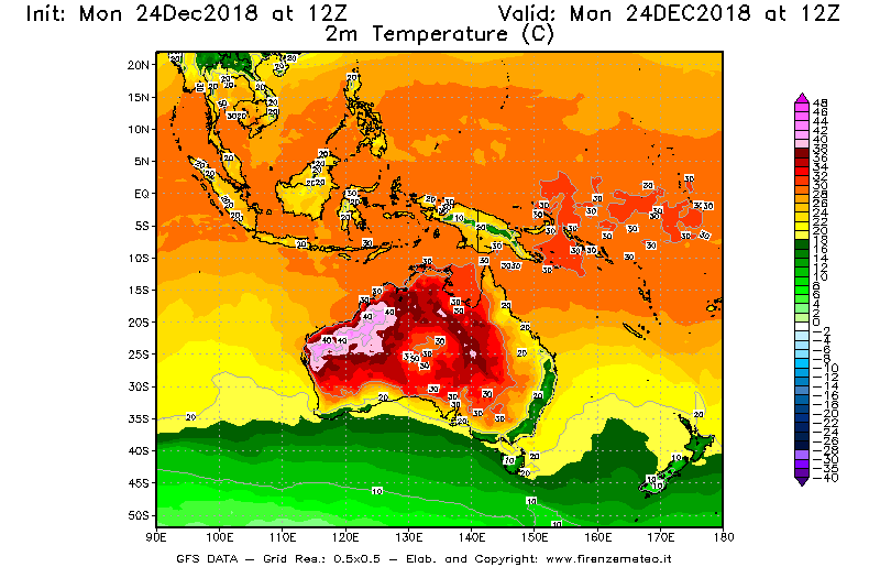 Mappa di analisi GFS - Temperatura a 2 metri dal suolo [°C] in Oceania
									del 24/12/2018 12 <!--googleoff: index-->UTC<!--googleon: index-->
