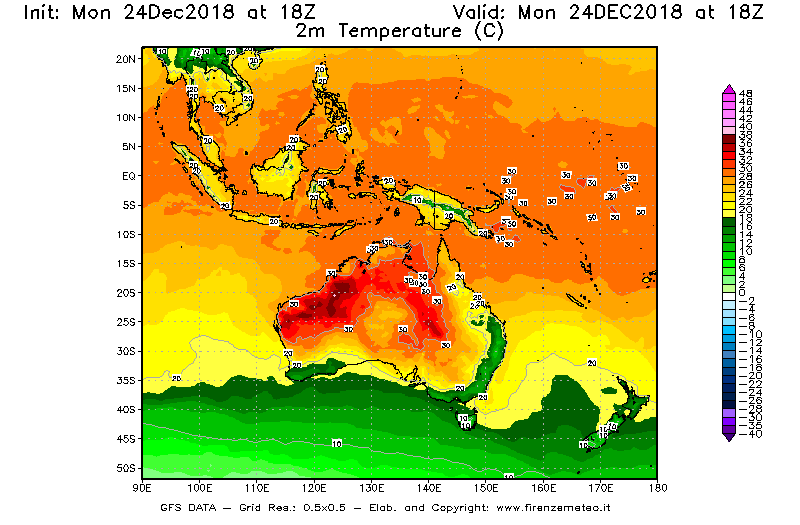 Mappa di analisi GFS - Temperatura a 2 metri dal suolo [°C] in Oceania
							del 24/12/2018 18 <!--googleoff: index-->UTC<!--googleon: index-->