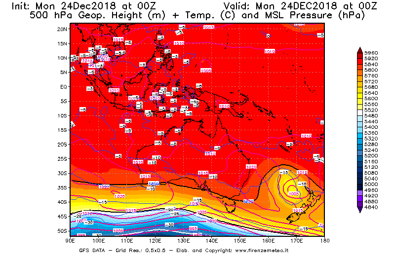 Mappa di analisi GFS - Geopotenziale [m] + Temp. [°C] a 500 hPa + Press. a livello del mare [hPa] in Oceania
									del 24/12/2018 00 <!--googleoff: index-->UTC<!--googleon: index-->