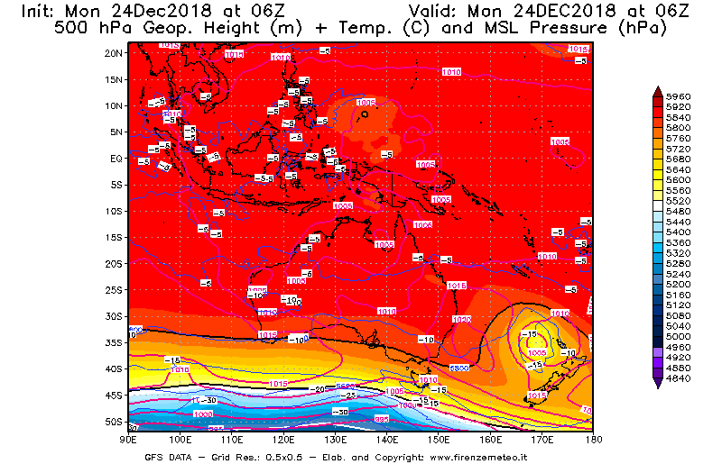 Mappa di analisi GFS - Geopotenziale [m] + Temp. [°C] a 500 hPa + Press. a livello del mare [hPa] in Oceania
									del 24/12/2018 06 <!--googleoff: index-->UTC<!--googleon: index-->