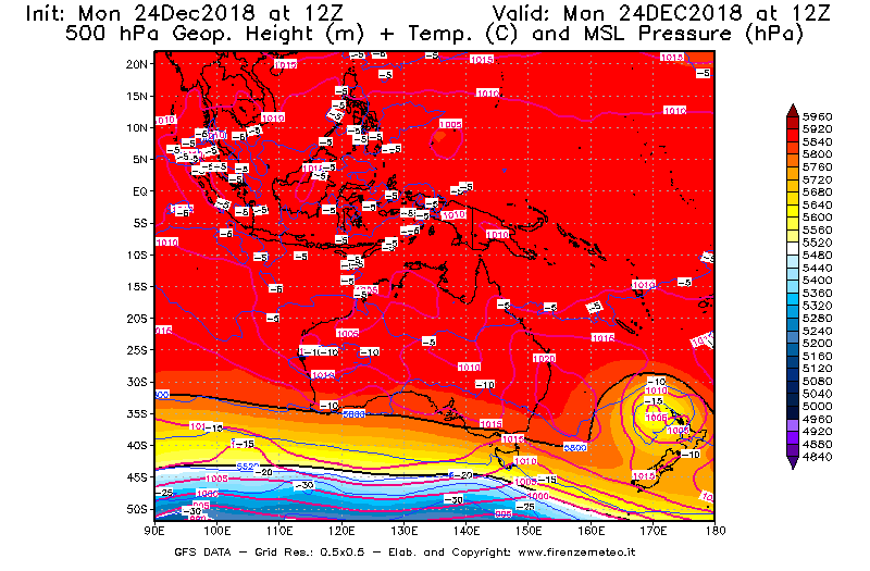 Mappa di analisi GFS - Geopotenziale [m] + Temp. [°C] a 500 hPa + Press. a livello del mare [hPa] in Oceania
							del 24/12/2018 12 <!--googleoff: index-->UTC<!--googleon: index-->