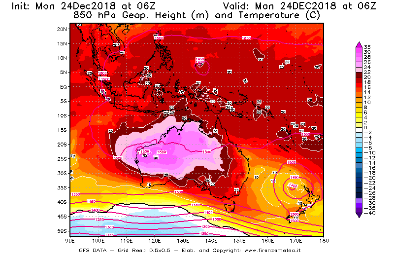 Mappa di analisi GFS - Geopotenziale [m] e Temperatura [°C] a 850 hPa in Oceania
									del 24/12/2018 06 <!--googleoff: index-->UTC<!--googleon: index-->