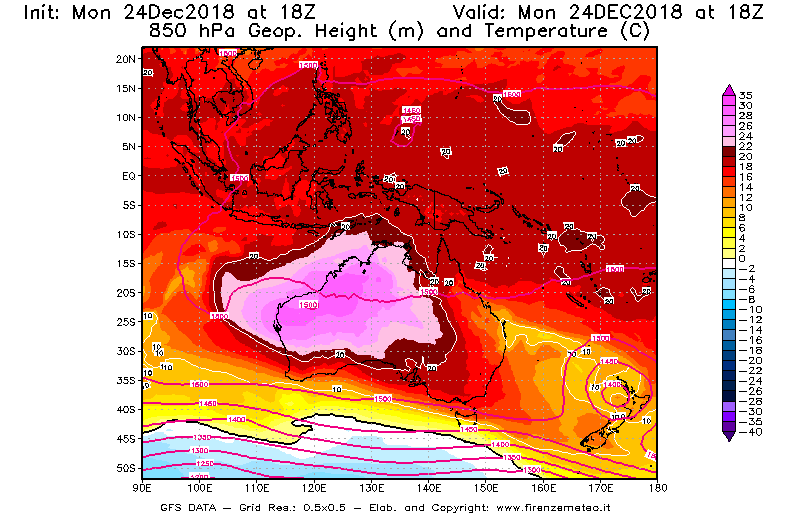 Mappa di analisi GFS - Geopotenziale [m] e Temperatura [°C] a 850 hPa in Oceania
									del 24/12/2018 18 <!--googleoff: index-->UTC<!--googleon: index-->