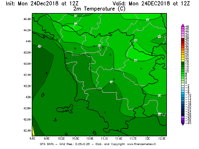 Mappa di analisi GFS - Temperatura a 2 metri dal suolo [°C] in Toscana
							del 24/12/2018 12 <!--googleoff: index-->UTC<!--googleon: index-->
