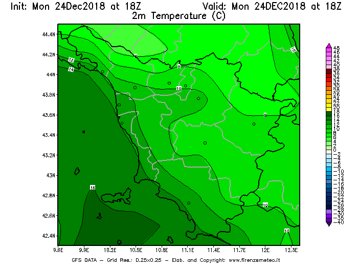 Mappa di analisi GFS - Temperatura a 2 metri dal suolo [°C] in Toscana
									del 24/12/2018 18 <!--googleoff: index-->UTC<!--googleon: index-->