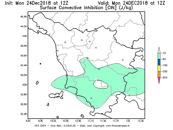 Mappa di analisi GFS - CIN [J/kg] in Toscana
							del 24/12/2018 12 <!--googleoff: index-->UTC<!--googleon: index-->