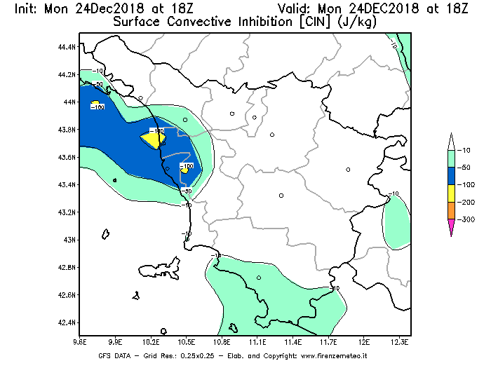 Mappa di analisi GFS - CIN [J/kg] in Toscana
							del 24/12/2018 18 <!--googleoff: index-->UTC<!--googleon: index-->
