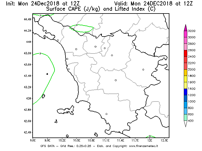 Mappa di analisi GFS - CAPE [J/kg] e Lifted Index [°C] in Toscana
							del 24/12/2018 12 <!--googleoff: index-->UTC<!--googleon: index-->