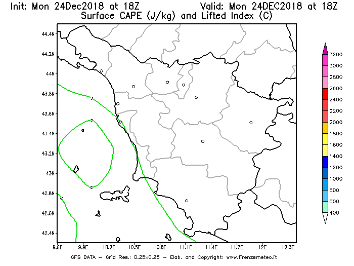 Mappa di analisi GFS - CAPE [J/kg] e Lifted Index [°C] in Toscana
							del 24/12/2018 18 <!--googleoff: index-->UTC<!--googleon: index-->