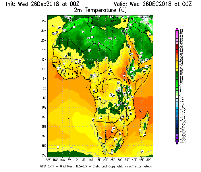 Mappa di analisi GFS - Temperatura a 2 metri dal suolo [°C] in Africa
							del 26/12/2018 00 <!--googleoff: index-->UTC<!--googleon: index-->