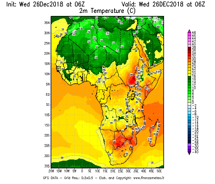 Mappa di analisi GFS - Temperatura a 2 metri dal suolo [°C] in Africa
							del 26/12/2018 06 <!--googleoff: index-->UTC<!--googleon: index-->