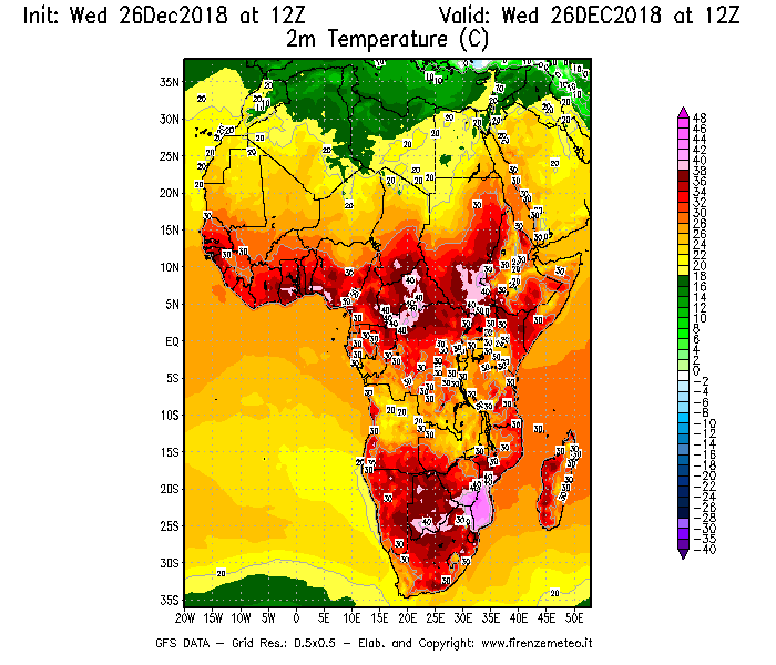Mappa di analisi GFS - Temperatura a 2 metri dal suolo [°C] in Africa
							del 26/12/2018 12 <!--googleoff: index-->UTC<!--googleon: index-->