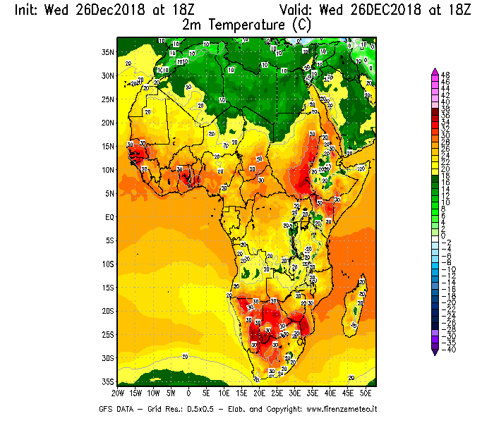 Mappa di analisi GFS - Temperatura a 2 metri dal suolo [°C] in Africa
							del 26/12/2018 18 <!--googleoff: index-->UTC<!--googleon: index-->