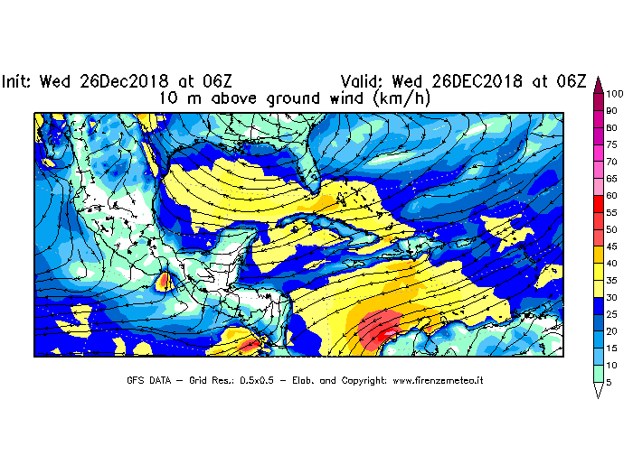 Mappa di analisi GFS - Velocità del vento a 10 metri dal suolo [km/h] in Centro-America
							del 26/12/2018 06 <!--googleoff: index-->UTC<!--googleon: index-->