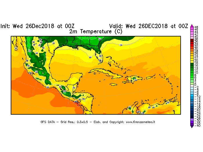 Mappa di analisi GFS - Temperatura a 2 metri dal suolo [°C] in Centro-America
							del 26/12/2018 00 <!--googleoff: index-->UTC<!--googleon: index-->
