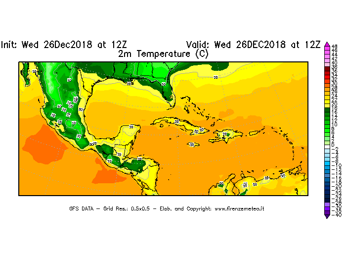 Mappa di analisi GFS - Temperatura a 2 metri dal suolo [°C] in Centro-America
							del 26/12/2018 12 <!--googleoff: index-->UTC<!--googleon: index-->