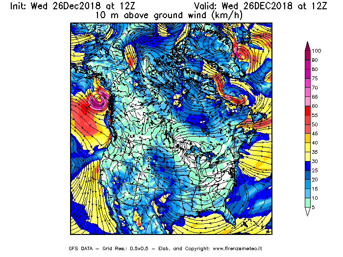 Mappa di analisi GFS - Velocità del vento a 10 metri dal suolo [km/h] in Nord-America
							del 26/12/2018 12 <!--googleoff: index-->UTC<!--googleon: index-->