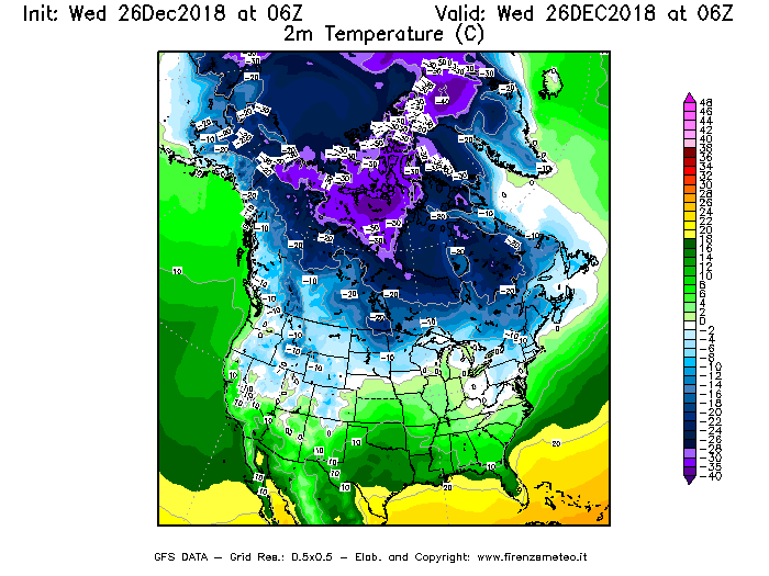 Mappa di analisi GFS - Temperatura a 2 metri dal suolo [°C] in Nord-America
							del 26/12/2018 06 <!--googleoff: index-->UTC<!--googleon: index-->