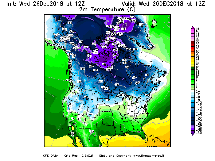 Mappa di analisi GFS - Temperatura a 2 metri dal suolo [°C] in Nord-America
							del 26/12/2018 12 <!--googleoff: index-->UTC<!--googleon: index-->