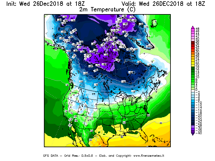 Mappa di analisi GFS - Temperatura a 2 metri dal suolo [°C] in Nord-America
							del 26/12/2018 18 <!--googleoff: index-->UTC<!--googleon: index-->