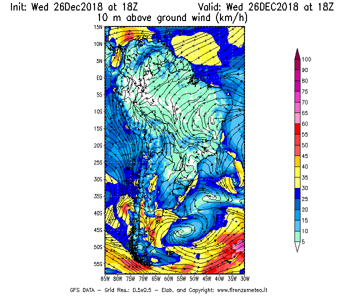 Mappa di analisi GFS - Velocità del vento a 10 metri dal suolo [km/h] in Sud-America
							del 26/12/2018 18 <!--googleoff: index-->UTC<!--googleon: index-->
