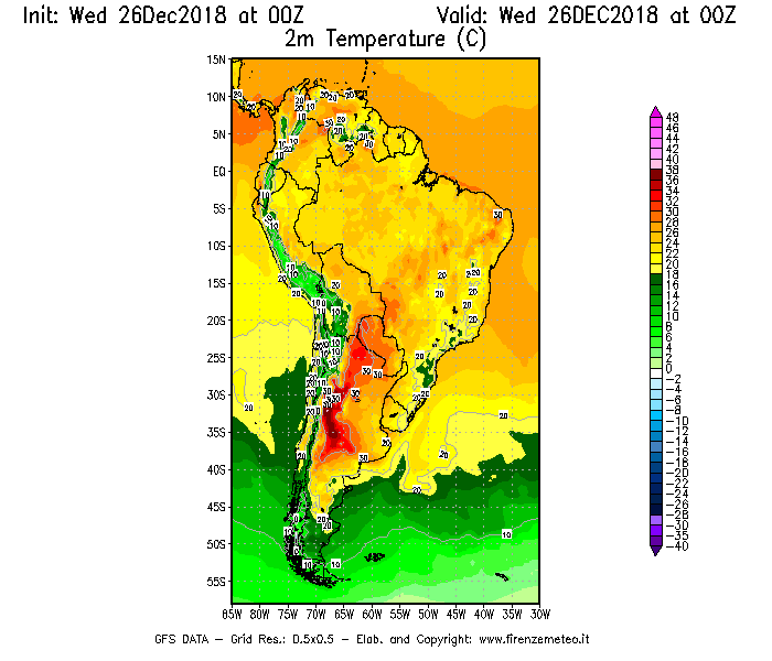 Mappa di analisi GFS - Temperatura a 2 metri dal suolo [°C] in Sud-America
							del 26/12/2018 00 <!--googleoff: index-->UTC<!--googleon: index-->