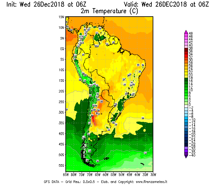 Mappa di analisi GFS - Temperatura a 2 metri dal suolo [°C] in Sud-America
							del 26/12/2018 06 <!--googleoff: index-->UTC<!--googleon: index-->