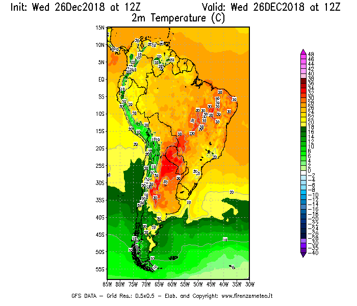 Mappa di analisi GFS - Temperatura a 2 metri dal suolo [°C] in Sud-America
							del 26/12/2018 12 <!--googleoff: index-->UTC<!--googleon: index-->
