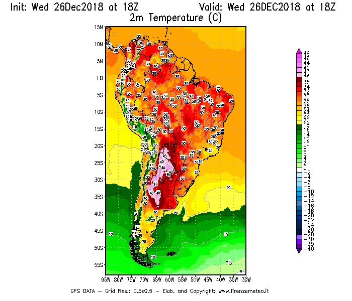 Mappa di analisi GFS - Temperatura a 2 metri dal suolo [°C] in Sud-America
							del 26/12/2018 18 <!--googleoff: index-->UTC<!--googleon: index-->