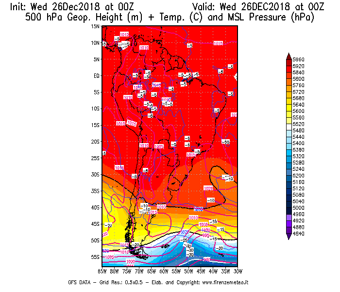 Mappa di analisi GFS - Geopotenziale [m] + Temp. [°C] a 500 hPa + Press. a livello del mare [hPa] in Sud-America
							del 26/12/2018 00 <!--googleoff: index-->UTC<!--googleon: index-->