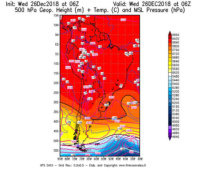 Mappa di analisi GFS - Geopotenziale [m] + Temp. [°C] a 500 hPa + Press. a livello del mare [hPa] in Sud-America
							del 26/12/2018 06 <!--googleoff: index-->UTC<!--googleon: index-->