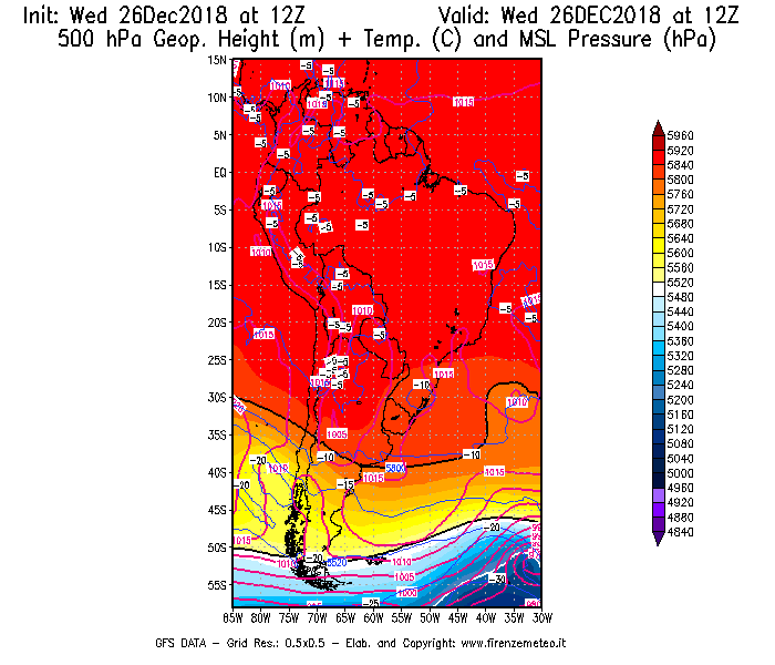 Mappa di analisi GFS - Geopotenziale [m] + Temp. [°C] a 500 hPa + Press. a livello del mare [hPa] in Sud-America
							del 26/12/2018 12 <!--googleoff: index-->UTC<!--googleon: index-->