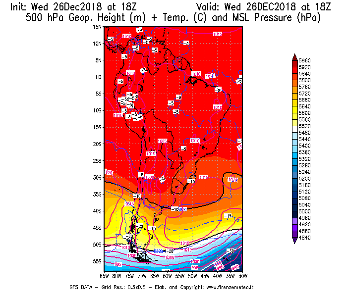 Mappa di analisi GFS - Geopotenziale [m] + Temp. [°C] a 500 hPa + Press. a livello del mare [hPa] in Sud-America
							del 26/12/2018 18 <!--googleoff: index-->UTC<!--googleon: index-->
