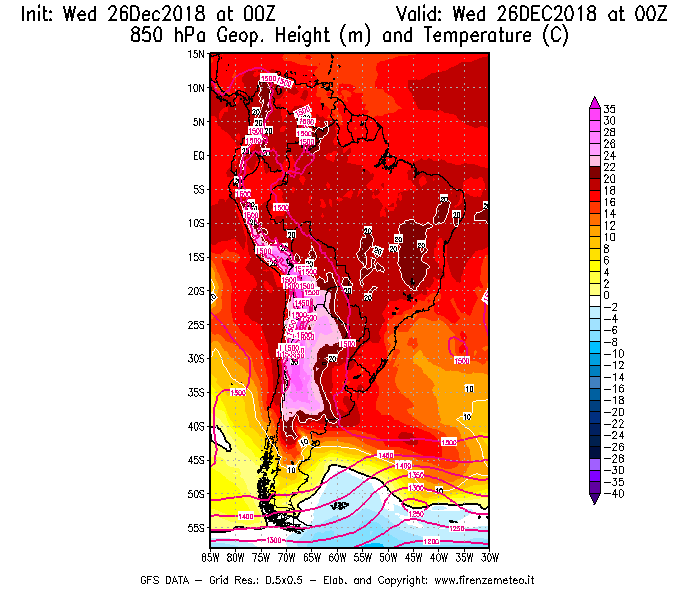 Mappa di analisi GFS - Geopotenziale [m] e Temperatura [°C] a 850 hPa in Sud-America
							del 26/12/2018 00 <!--googleoff: index-->UTC<!--googleon: index-->