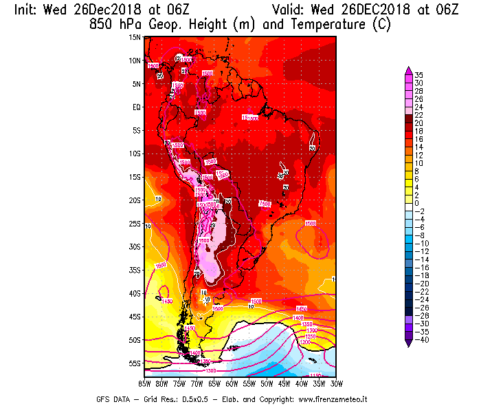 Mappa di analisi GFS - Geopotenziale [m] e Temperatura [°C] a 850 hPa in Sud-America
							del 26/12/2018 06 <!--googleoff: index-->UTC<!--googleon: index-->