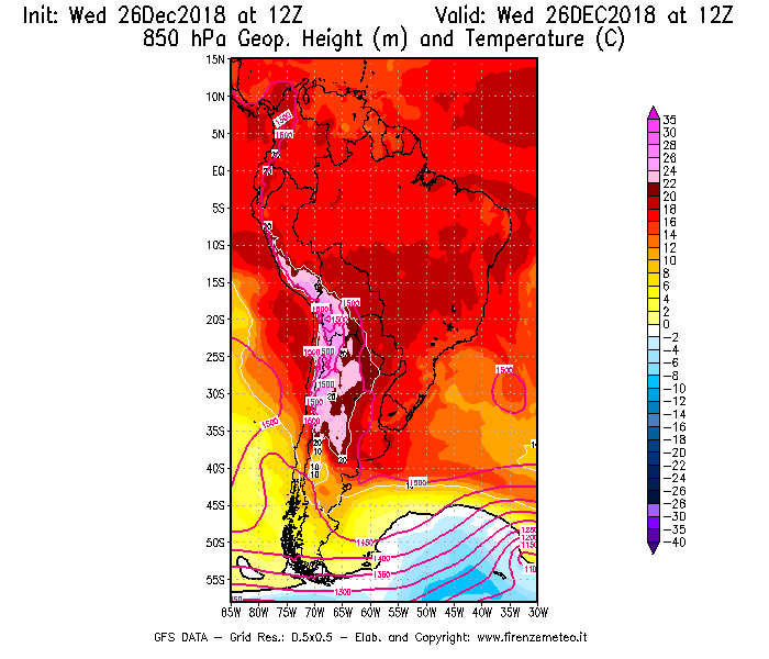 Mappa di analisi GFS - Geopotenziale [m] e Temperatura [°C] a 850 hPa in Sud-America
							del 26/12/2018 12 <!--googleoff: index-->UTC<!--googleon: index-->