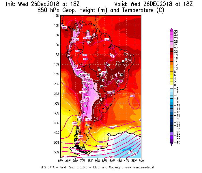 Mappa di analisi GFS - Geopotenziale [m] e Temperatura [°C] a 850 hPa in Sud-America
							del 26/12/2018 18 <!--googleoff: index-->UTC<!--googleon: index-->