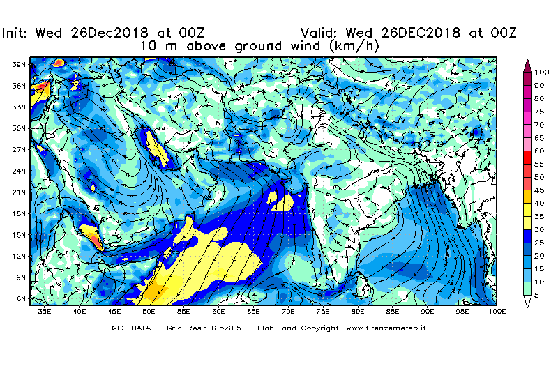 Mappa di analisi GFS - Velocità del vento a 10 metri dal suolo [km/h] in Asia Sud-Occidentale
							del 26/12/2018 00 <!--googleoff: index-->UTC<!--googleon: index-->
