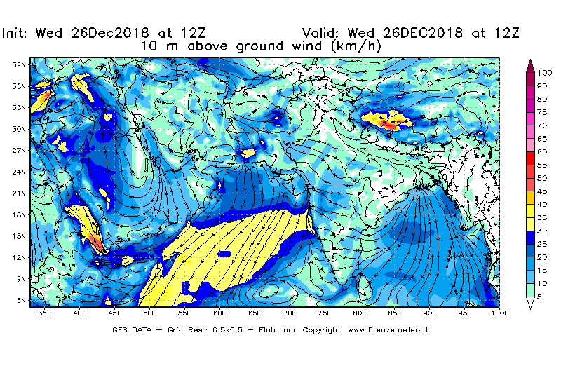 Mappa di analisi GFS - Velocità del vento a 10 metri dal suolo [km/h] in Asia Sud-Occidentale
							del 26/12/2018 12 <!--googleoff: index-->UTC<!--googleon: index-->