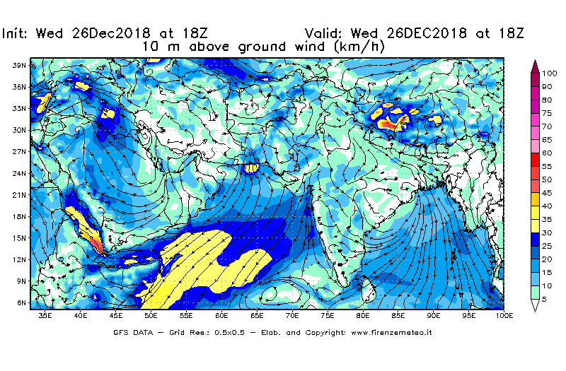 Mappa di analisi GFS - Velocità del vento a 10 metri dal suolo [km/h] in Asia Sud-Occidentale
							del 26/12/2018 18 <!--googleoff: index-->UTC<!--googleon: index-->