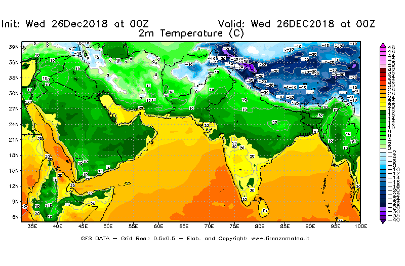 Mappa di analisi GFS - Temperatura a 2 metri dal suolo [°C] in Asia Sud-Occidentale
							del 26/12/2018 00 <!--googleoff: index-->UTC<!--googleon: index-->